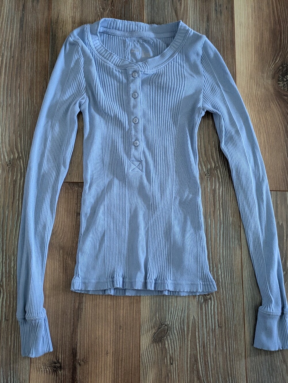 Aerie Light Blue Ribbed Long Sleeve Quarter Button Top Small